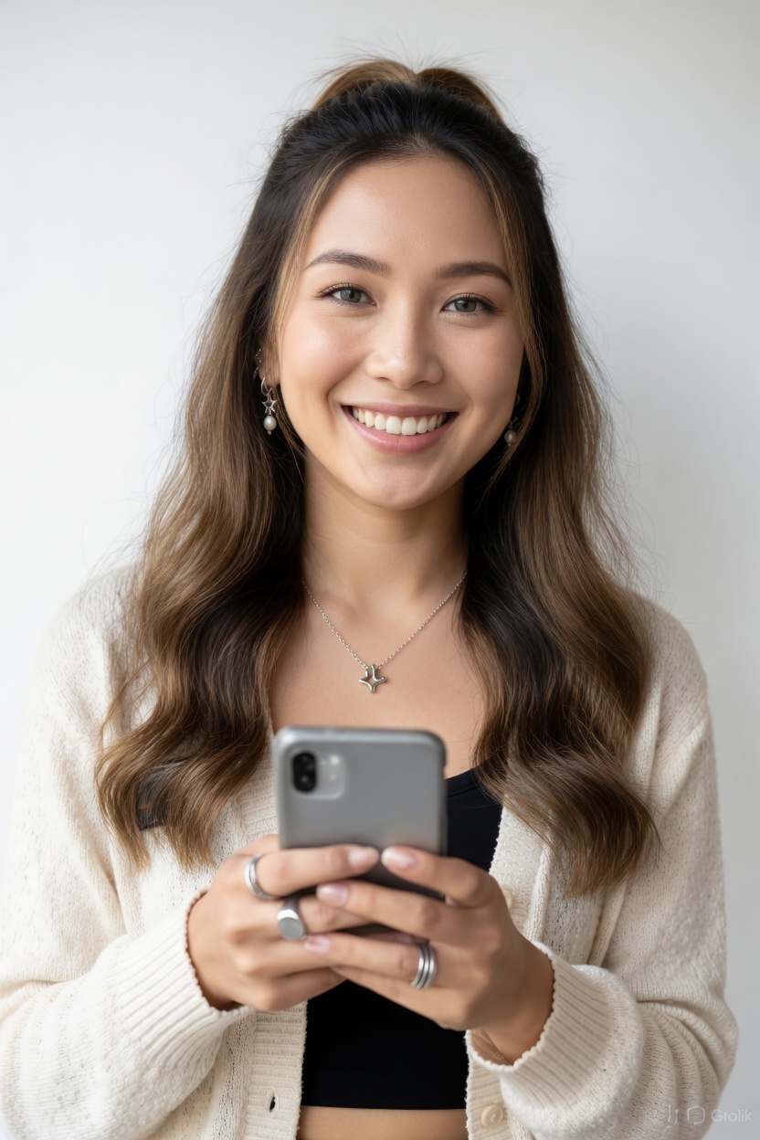 Mujer sonriente comparando préstamos en línea en su celular en Colombia